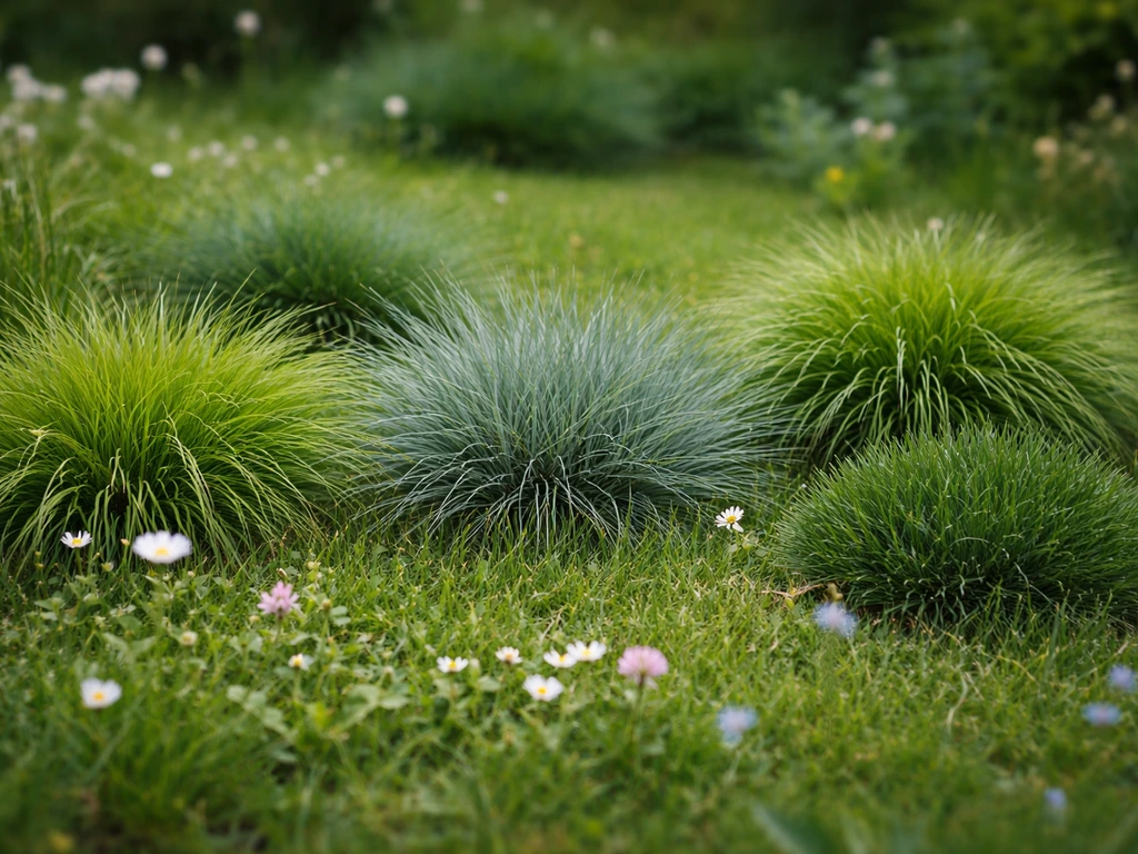 Touffes de graminées basses dans une pelouse fleurie, feuillage dense pour illustrer robustesse et densité.