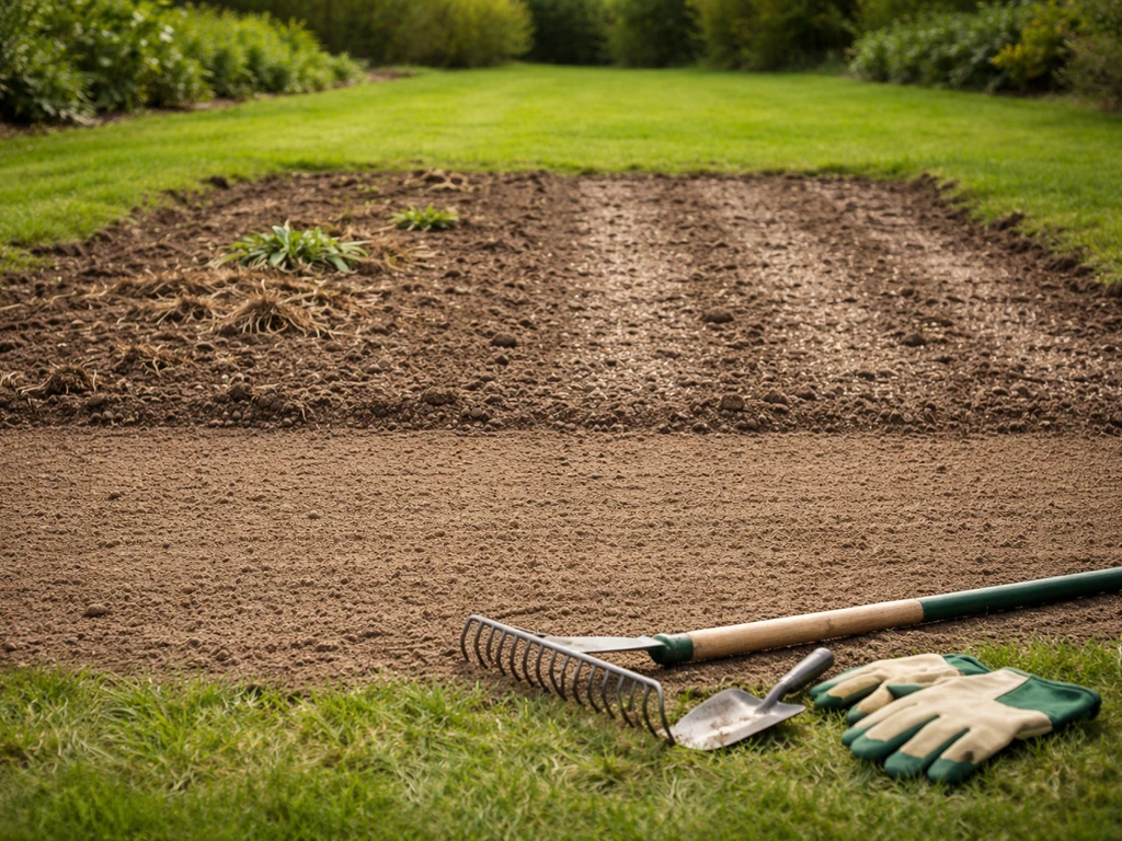 Sol de jardin désherbé et ratissé, graines en cours, outils de jardinage visibles, vue avant/après en une scène.