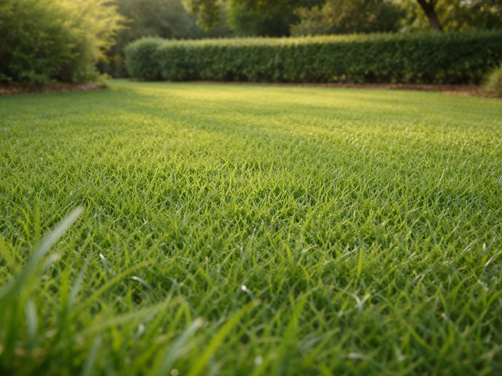 Pelouse très dense et verdoyante de gazon australien en jardin, avec lumière naturelle et rosée légère.