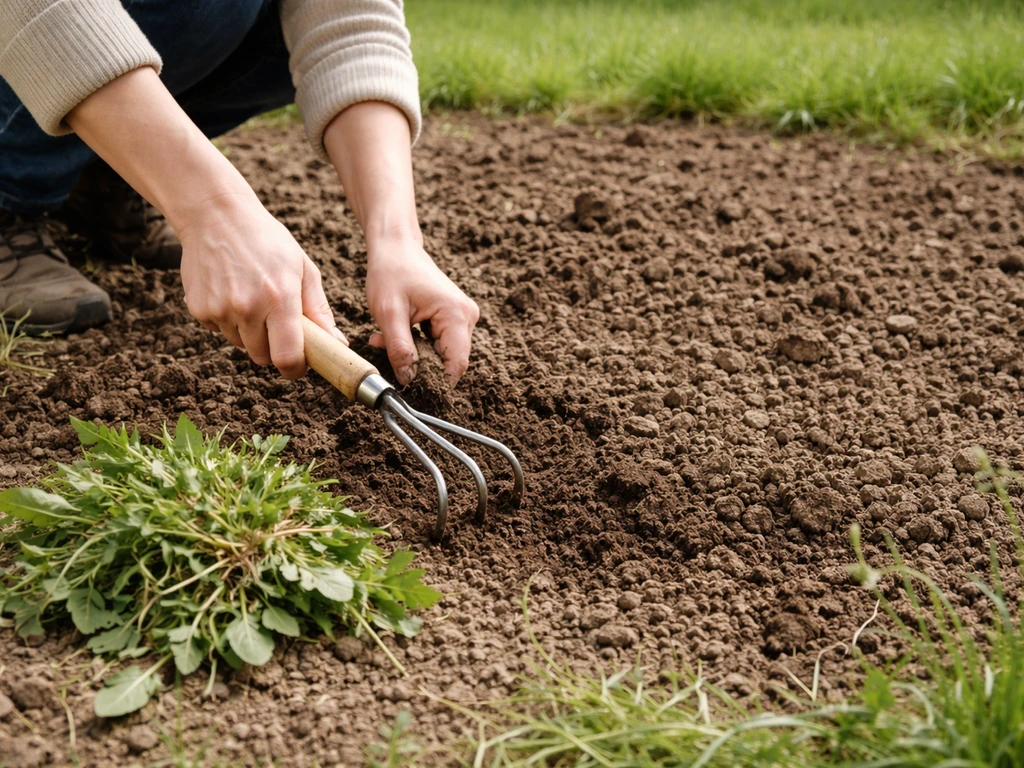 Main désherbant une parcelle de terre, surface nettoyée et prête à être griffée avant la plantation du kikuyu.