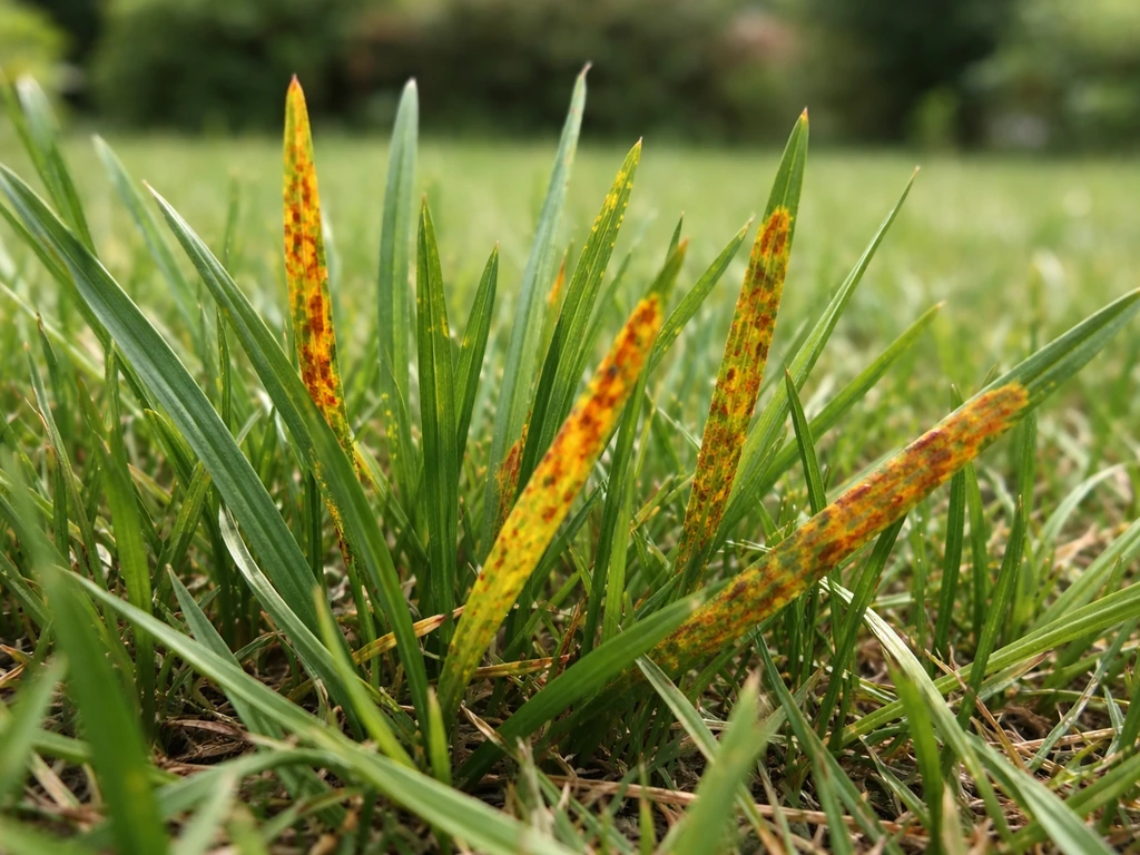 Feuilles de gazon en gros plan avec taches jaunâtres devenant orange-roux, évoquant la rouille.