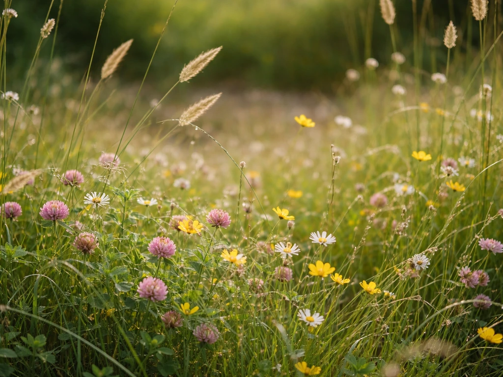 Gazon prairie fleurie en gros plan : graminées et petites fleurs sauvages en fleurs, lumière naturelle.