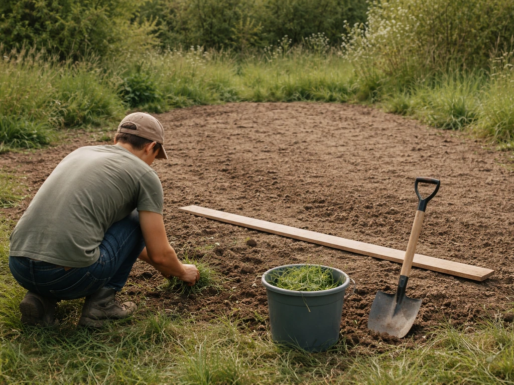 Chantier minimal de préparation du sol pour une prairie fleurie : désherbage manuel, terre enlevée et nivellement.