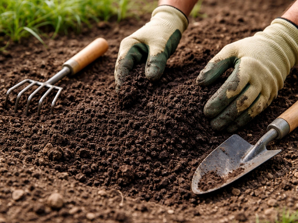Gros plan sur un jardinier qui griffe la terre et applique un compost pour préparer le sol.
