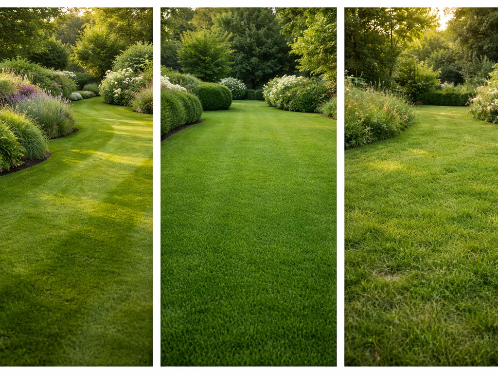 Trois micro-scènes de pelouse en jardin : style anglais, pelouse fine ornementale, et gazon résistant au piétinement.