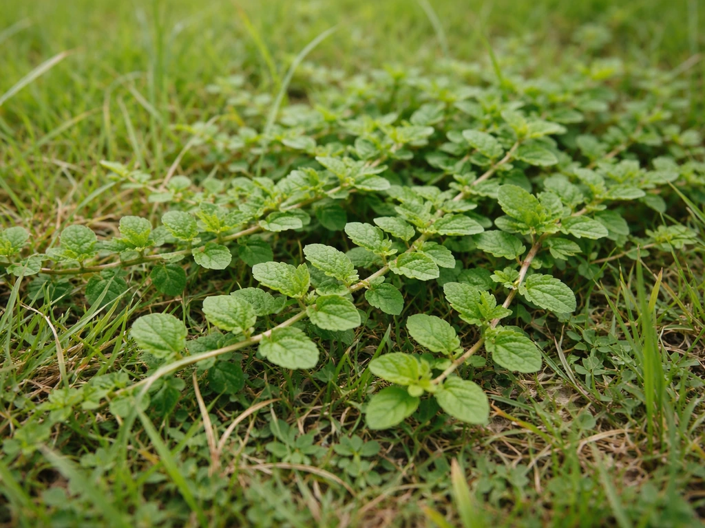 Gros plan de lippia rampante avec petites feuilles opposées sur fond de gazon, pour la reconnaître.