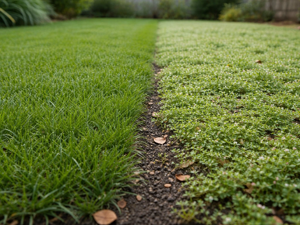 Deux zones côte à côte : pelouse dense en graminées et zone avec lippia au ras du sol dans un jardin.