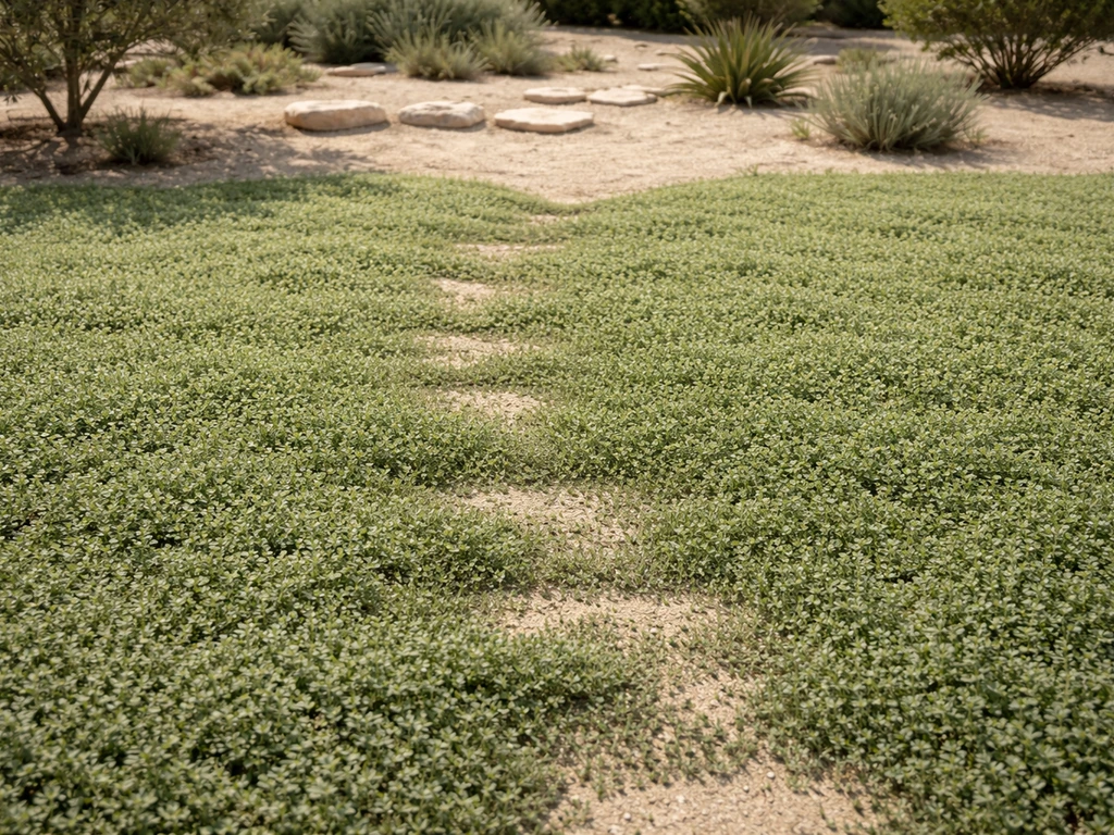 Tapis bas de lippia couvrant une zone sèche, avec léger piétinement dans un jardin méditerranéen.