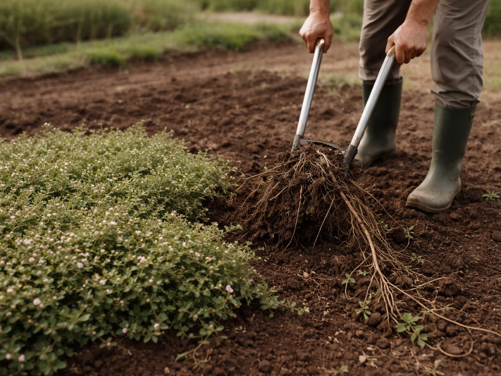 Jardinier utilisant une grelinette sur un petit îlot de lippia, terre humide, racines visibles, après pluie.