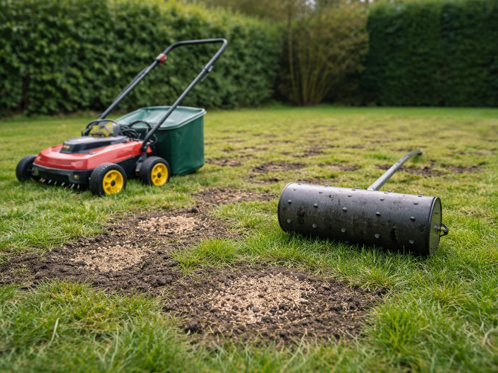 Pelouse après scarification et aération, outils au sol et regarnissage visible pour refermer les trouées