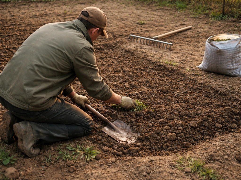 Jardinier au travail : bêchage, extraction des mauvaises herbes et sol nivelé prêt à semer.