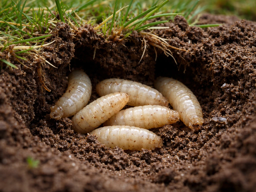 Larves de tipules dans la terre, près d’une zone de gazon déchaussée et de petites galeries.