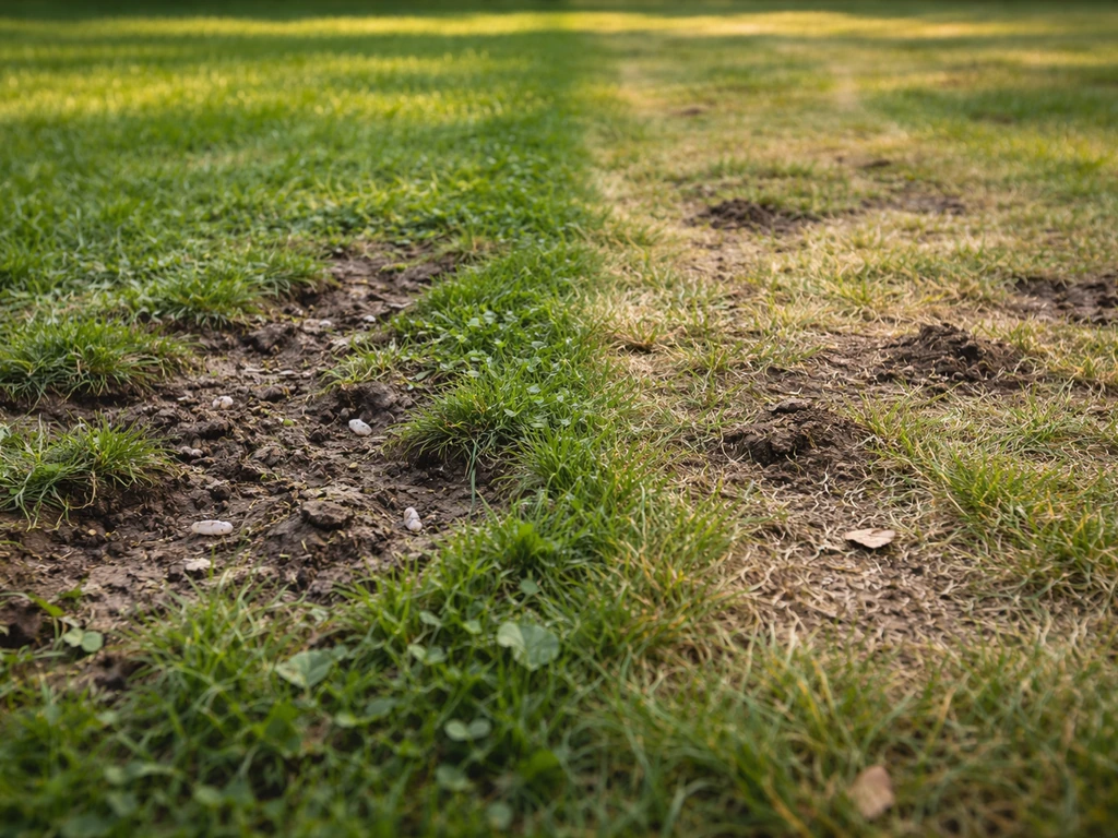 Pelouse abîmée montrant deux zones distinctes : traces de vers/tipules et zones de dégât par taupe ou sécheresse.