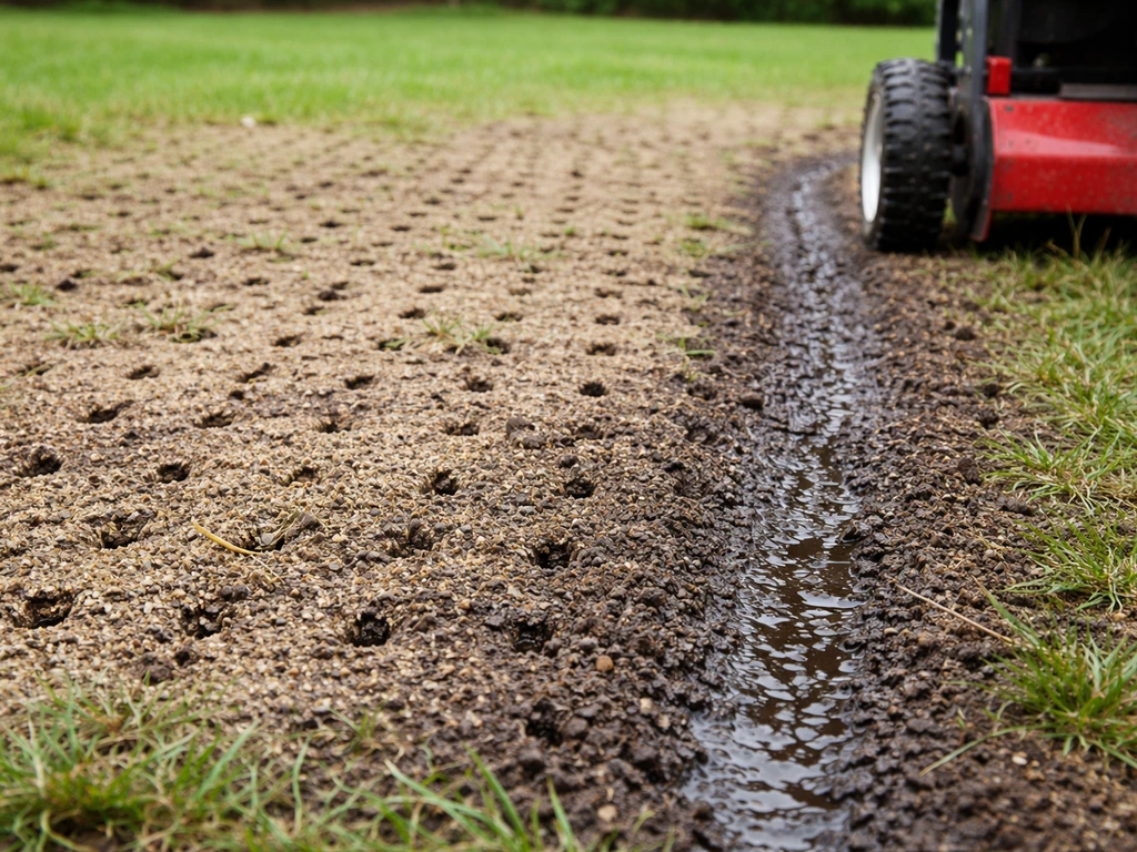 Sol récemment aéré avec sable/terreau de surfaçage, goutte d’eau et terre humide près d’une motobêche.