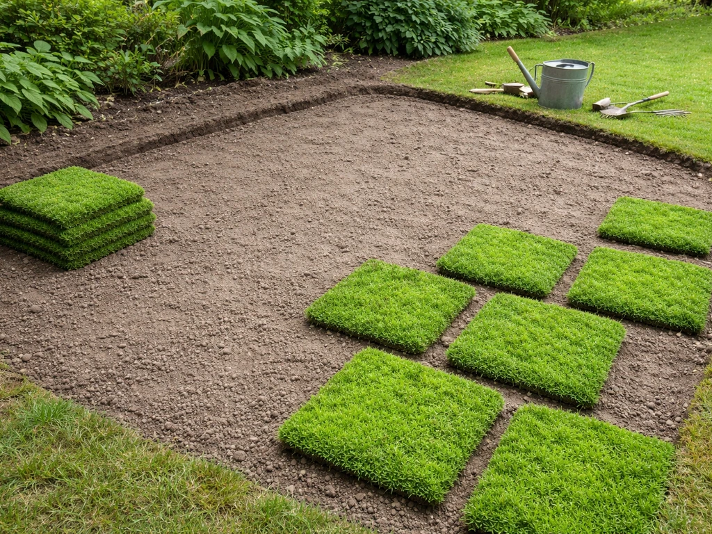 Terrain désherbé et nivelé avec plaques de sagine prêtes à être posées au jardin.