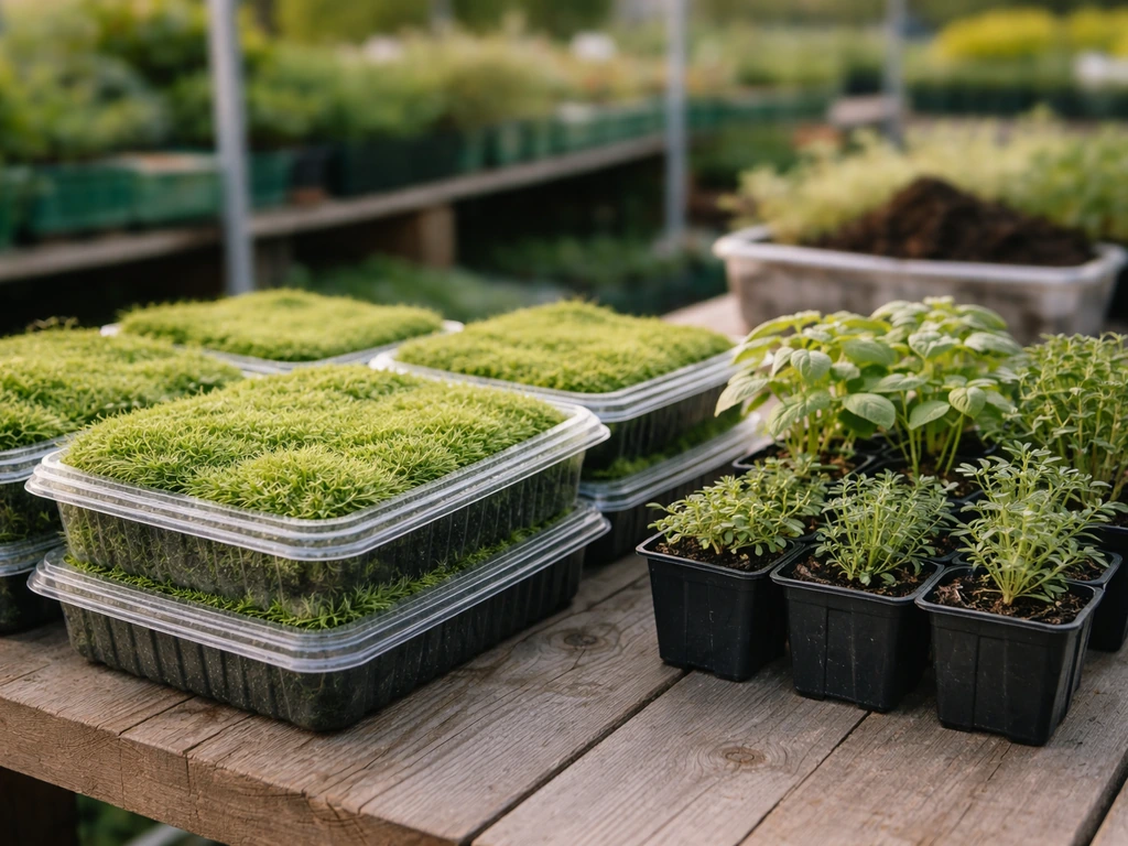Étalage de jardinerie avec plaques de sagine et godets de jeunes plants, prêt à être acheté.