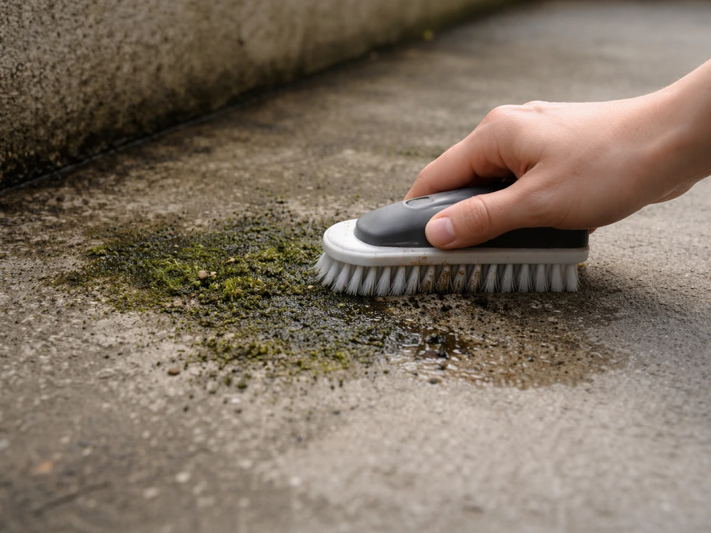 Main anonyme qui brosse une zone humide couverte de mousse, sur un sol en béton.