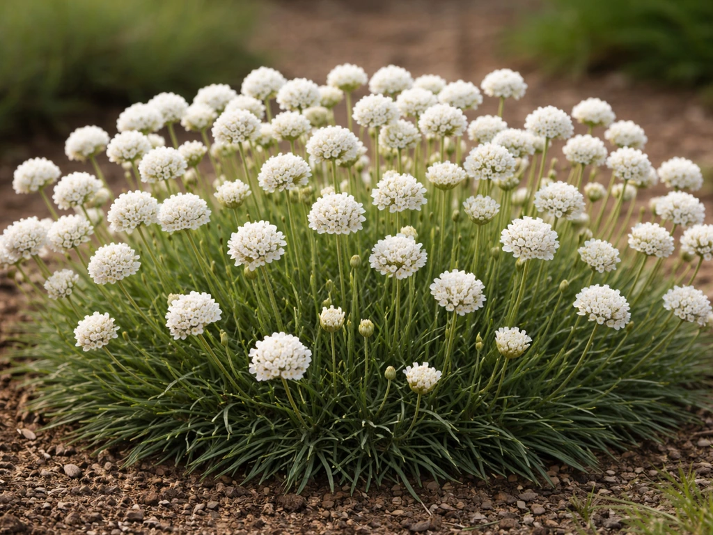 Gros plan sur une touffe d’Armeria maritima ‘Alba’ : feuilles gris-vert et petites fleurs blanches en hampes.