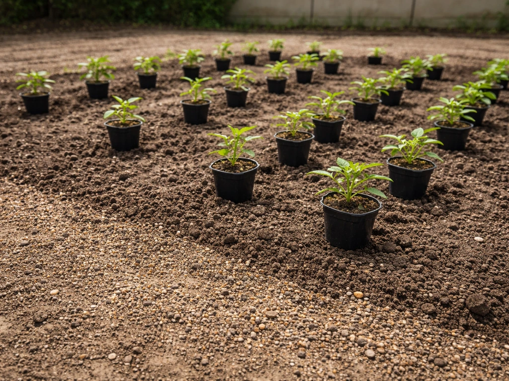 Zone de sol amendé, sable et gravier visibles, rangée de jeunes plants en godets prêts à être plantés