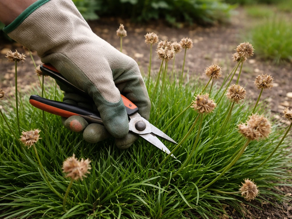 Main gantée coupant une hampe florale fanée d’Armeria au ras du feuillage, jardin minimal, lumière naturelle.