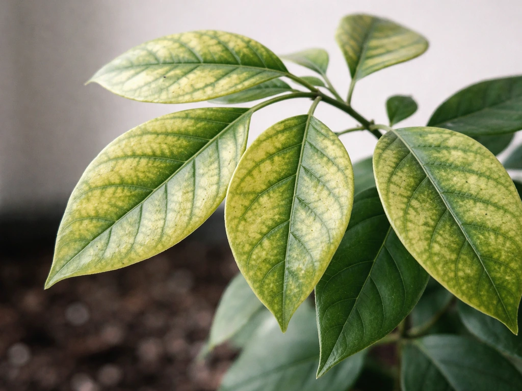 Feuilles présentant une chlorose ferrique : jaunissement entre les nervures, aspect blanchâtre par plaques.