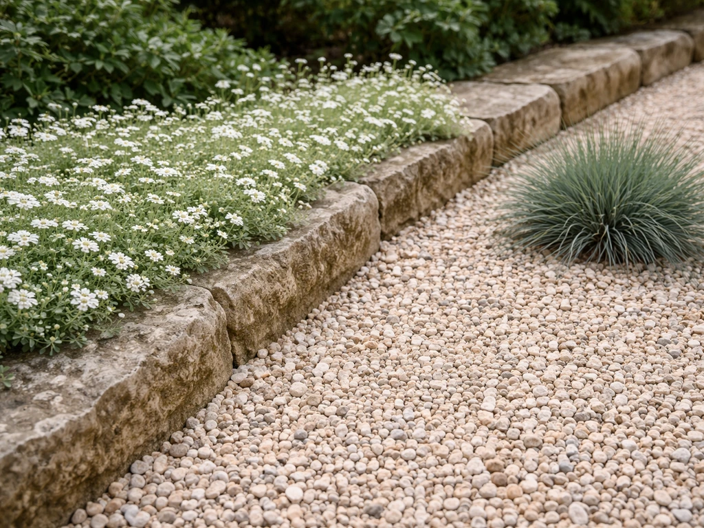 Jardin minimal : couvre-sol clair en bordure et une zone de rocaille pour comparer des alternatives à une pelouse blanch