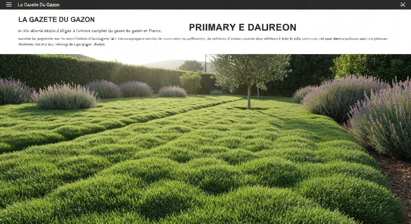 Pelouse dense de Zoysia japonica (gazon coréen) dans un jardin méditerranéen en France, tonte soignée et massifs de lavande en arrière-plan.