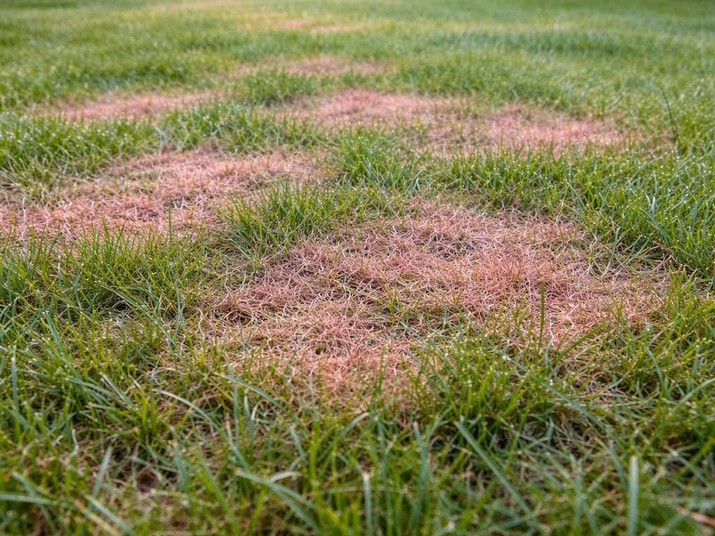 Pelouse avec zones rosées décolorées, texture visible et léger aspect humide suggérant le gazon rose.