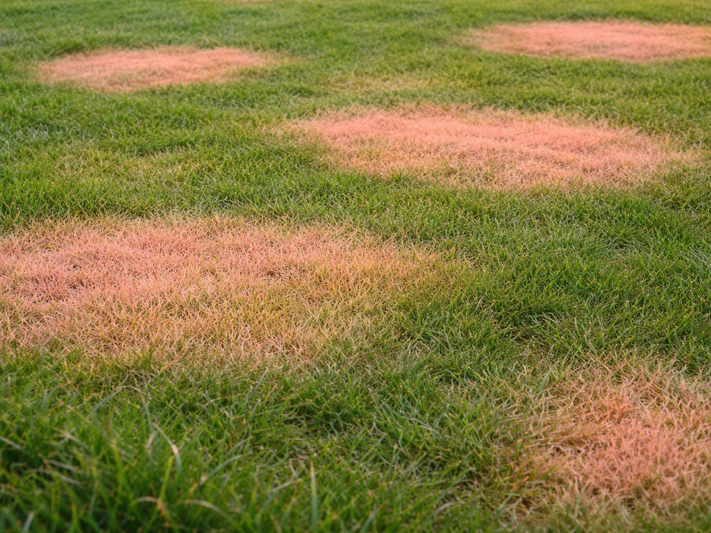 Plages d’herbe rosée et saumonée décolorées au milieu d’un gazon vert, teinte et contours visibles.
