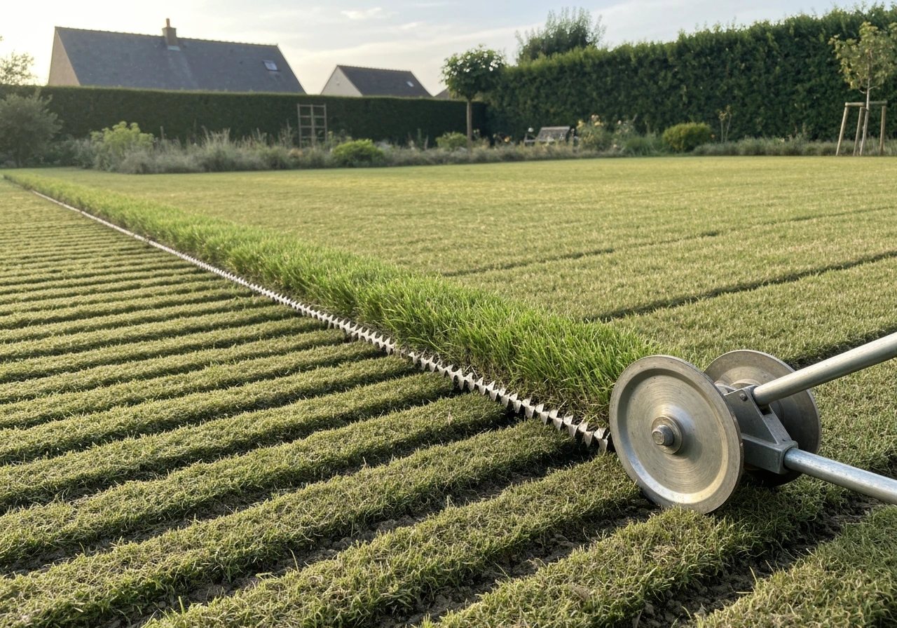 Pelouse aérée : un scarificateur soulève le feutrage brun et laisse une surface plus verte et aérée.