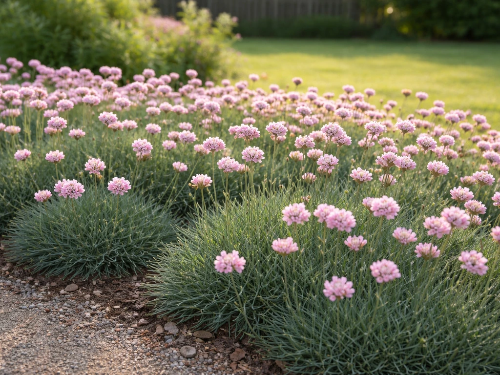 Vue panoramique d’un couvre-sol de gazon d’Espagne (Armeria maritima) en fleurs roses dans un jardin ensoleillé.