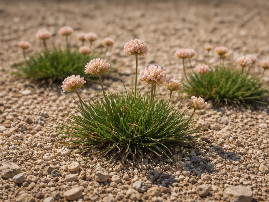 Touffes d’Armeria maritima en plein soleil, sur un sol pauvre drainant avec gravillons en arrière-plan.