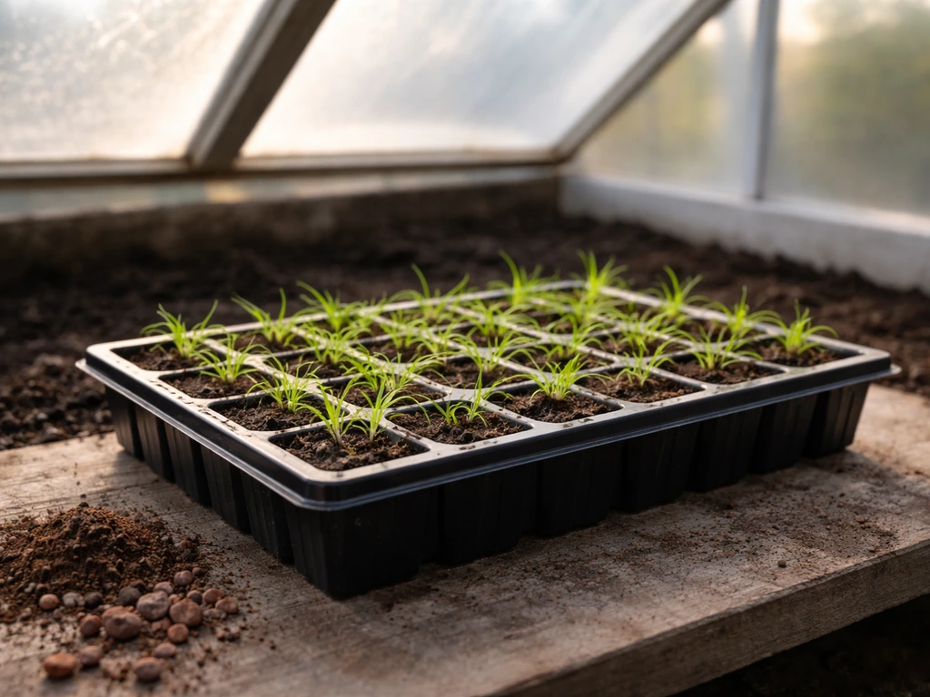 Jeunes plantules d’armeria dans une barquette sous châssis froid, terre finement travaillée visible.
