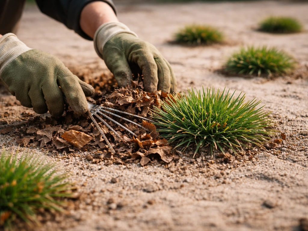 Mains gantées ratissant et retirant des feuilles sèches autour de touffes d’Armeria maritima, jardin au printemps.