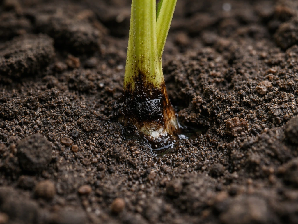 Collet d’une plante noirci et ramolli au niveau du sol, terre sombre et humide en arrière-plan.
