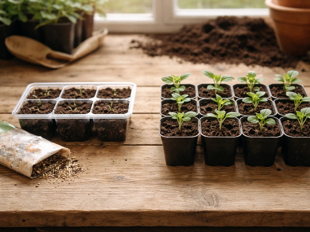 Vue rapprochée de sachets de graines et de godets de gazon côte à côte sur un établi, préparation au jardinage.