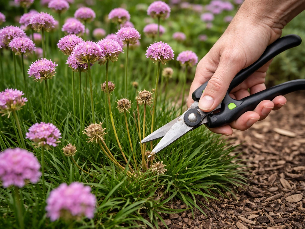 Jardinier coupe des hampes florales fanées d’armeria au ras du feuillage, sur un tapis de fleurs.
