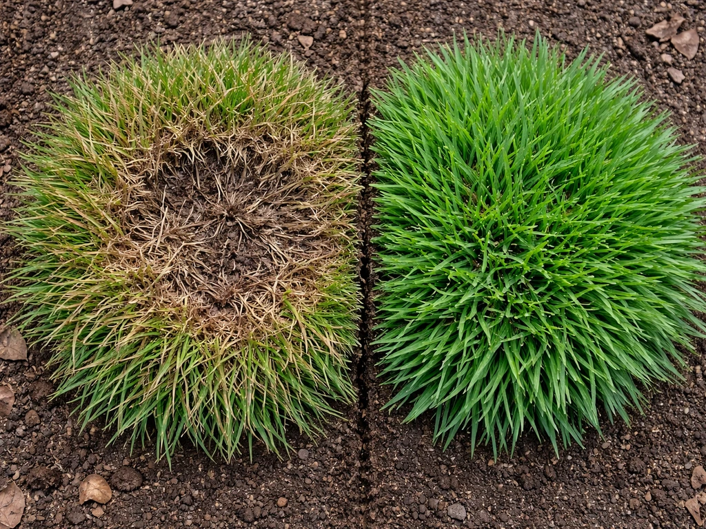 Touffe de plantes au centre brun et dégarnie, avec une zone plus dense à côté pour illustrer la division.