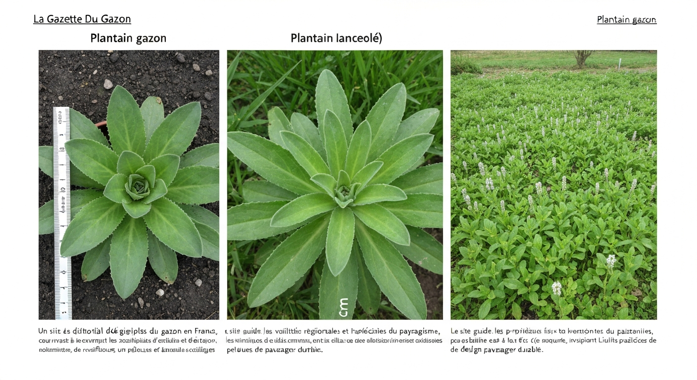 Triptyque pédagogique : gros plan de Plantago major (feuilles larges), gros plan de Plantago lanceolata (feuilles étroites) et vue d'ensemble d'une pelouse partiellement envahie.
