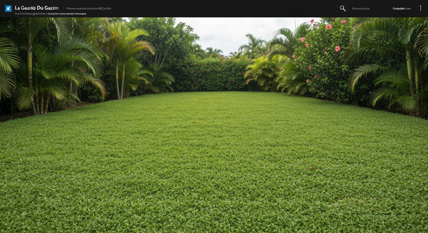 Pelouse dense de gazon antillais (Axonopus compressus) dans un jardin tropical avec palmiers et hibiscus, lumière du matin.