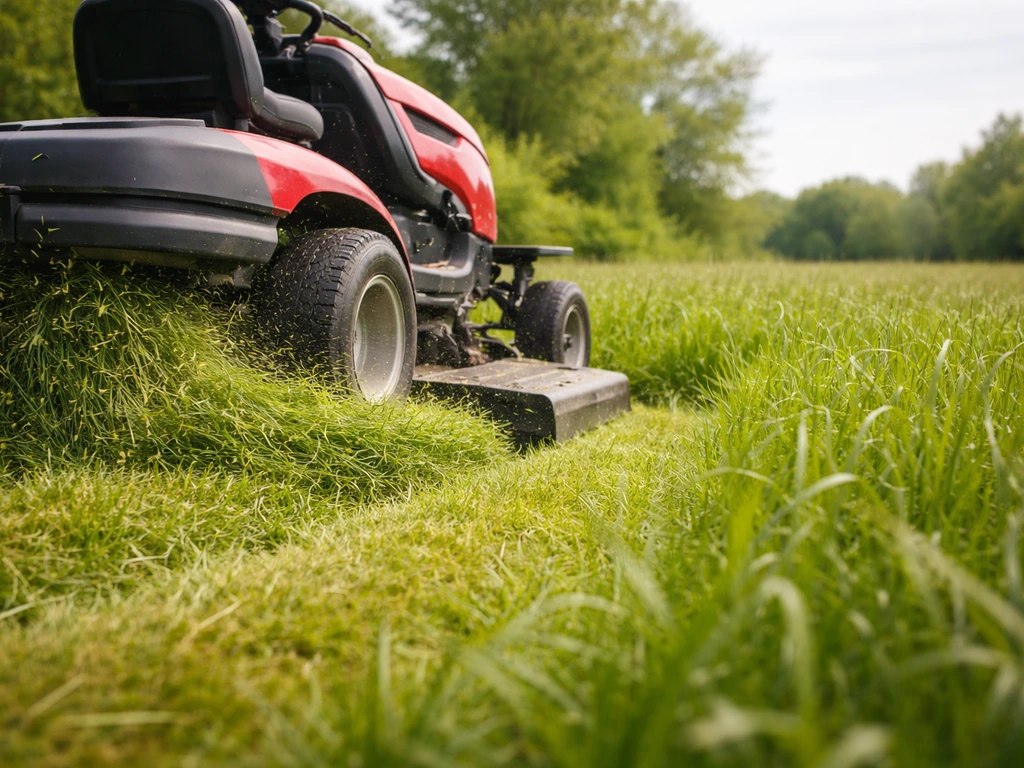 Une tondeuse coupe une prairie en herbe haute au printemps, avant la repousse.