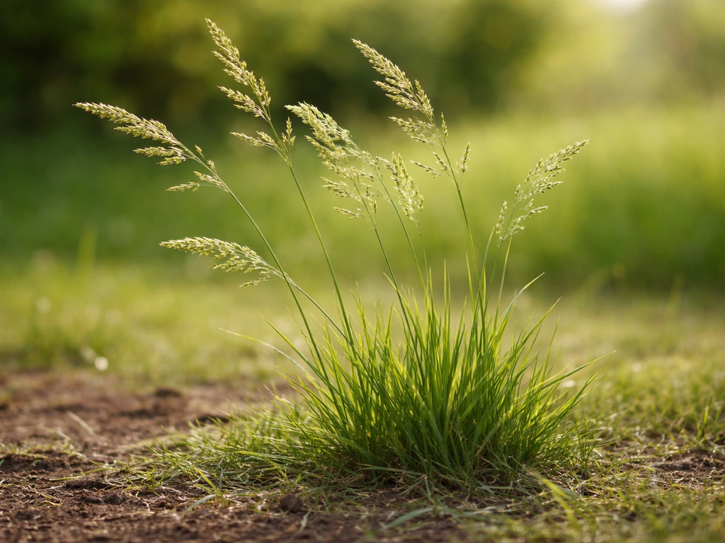 Gros plan d’une graminée au printemps avec épis en graines et une repousse verte après une coupe récente.