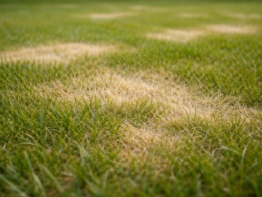Gazon avec plaques pâles décolorées, brins d’herbe visibles, effet “lavé” sur certaines zones.