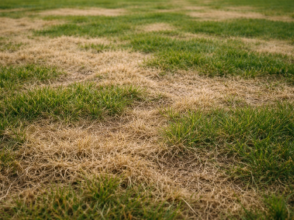 Gros plan sur une pelouse beige et irrégulière montrant des zones abîmées par le froid