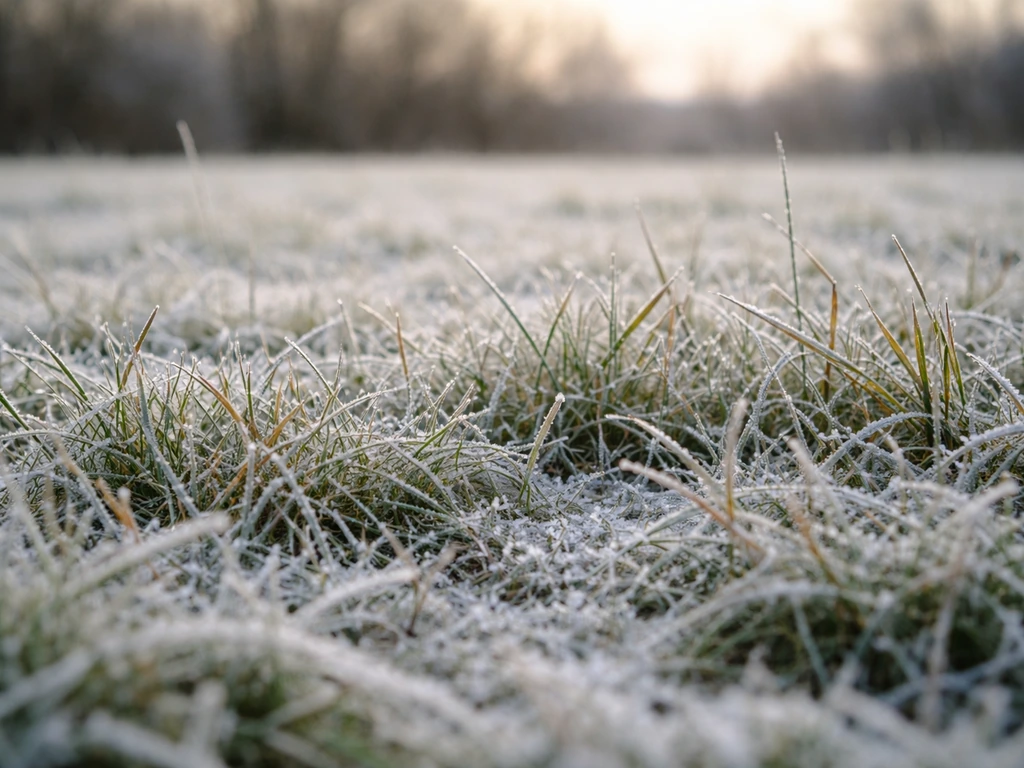 Pelouse d’hiver avec fine croûte de givre au sol, évoquant un redoux puis un regel brutal.