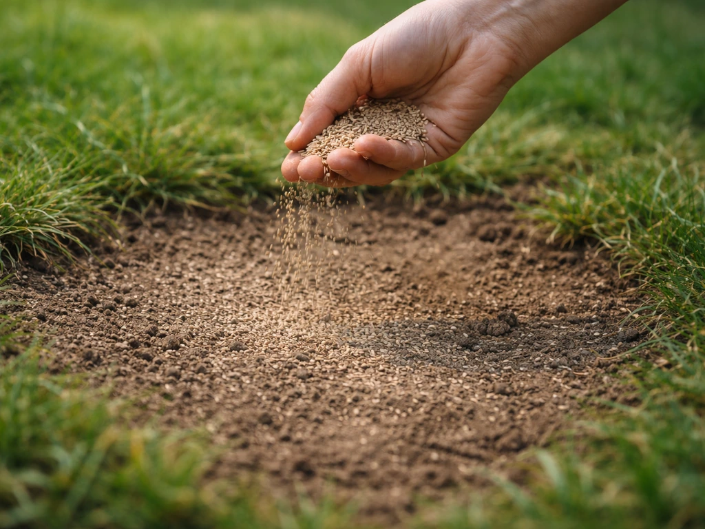Main saupoudrant des semences sur une zone de pelouse dénudée, vue au sol avec contact terre/graine visible.