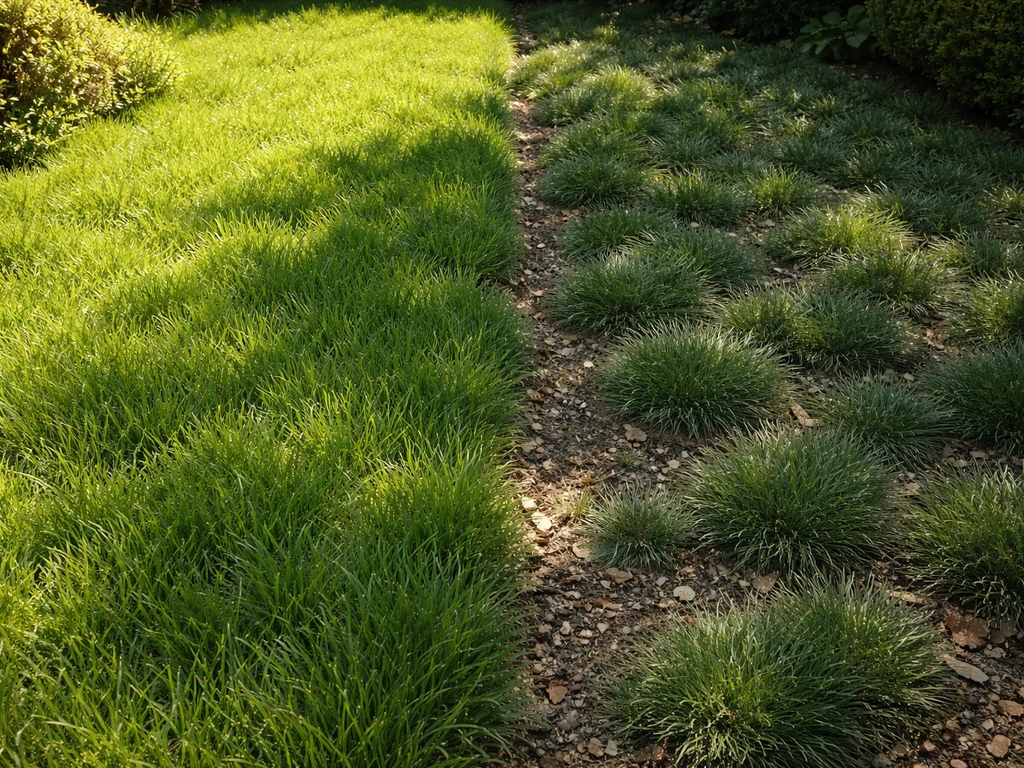 Jardin avec deux zones distinctes de gazon d’Espagne : plein soleil et mi-ombre, sol et texture visibles.