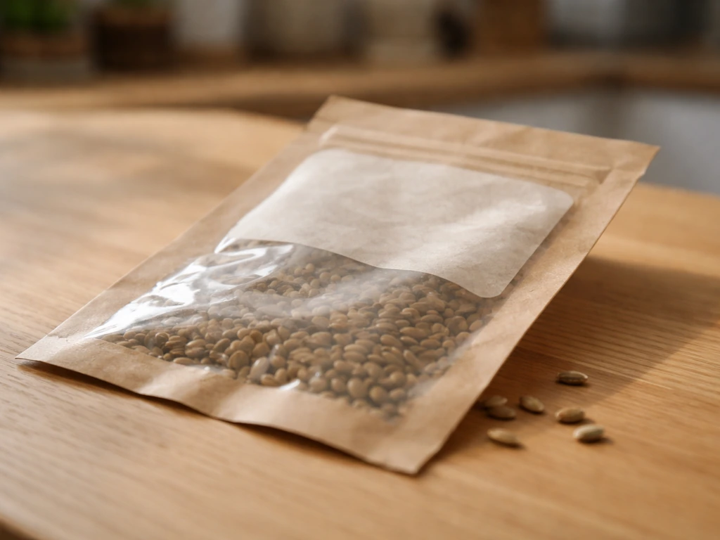 Gros plan sur une étiquette de sachet de graines, avec détails flous sur le contenu et l’emballage