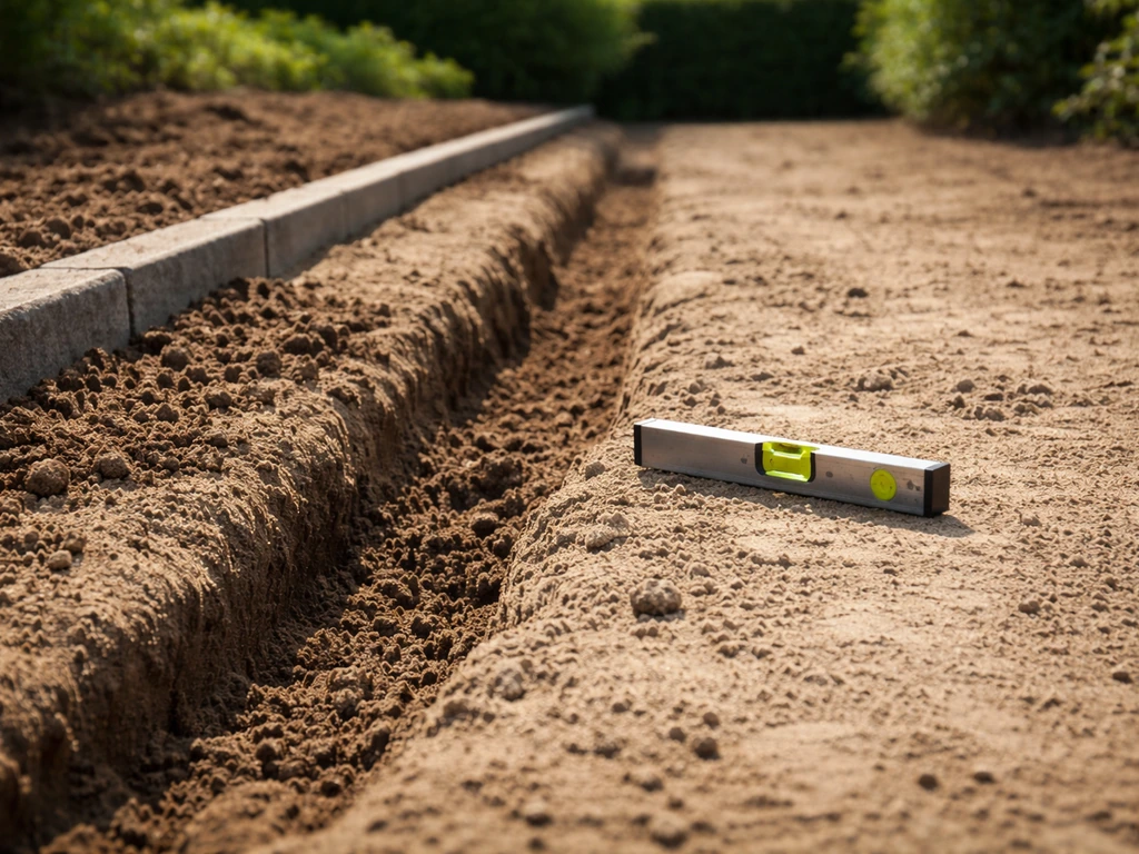 Terre sableuse en plein soleil avec rigole de drainage et amendement, niveau au ras du sol, jardin minimal.