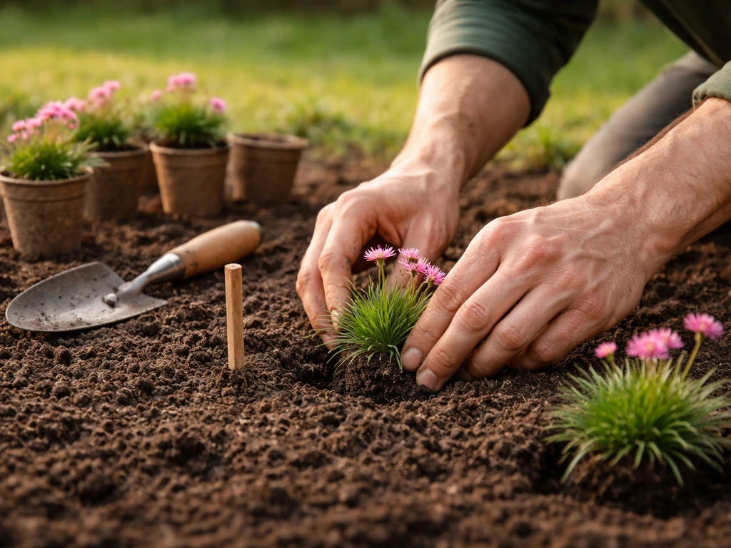 Jardinier plante des plants en godets d’armérie dans une terre affinée, préparant l’installation des touffes.